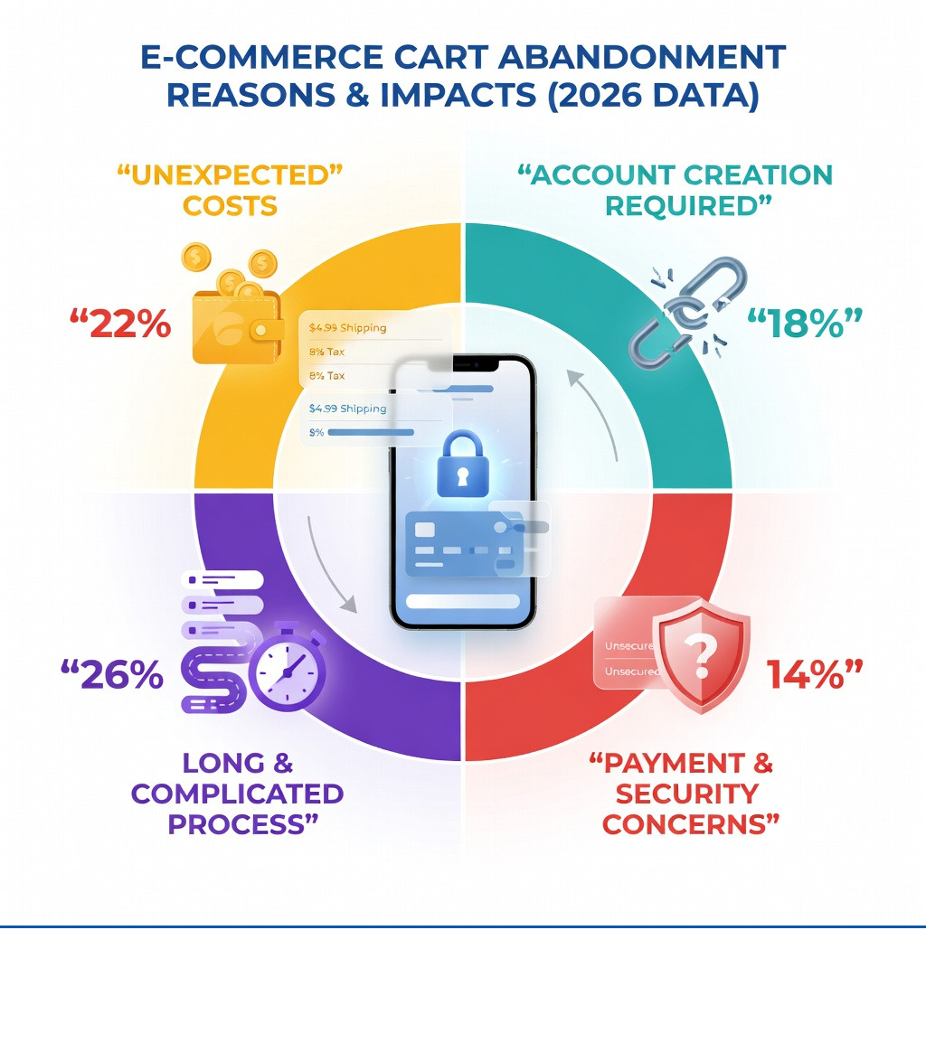 Infographic showing common reasons for e-commerce cart abandonment and their percentage impact - e-commerce checkout design infographic 