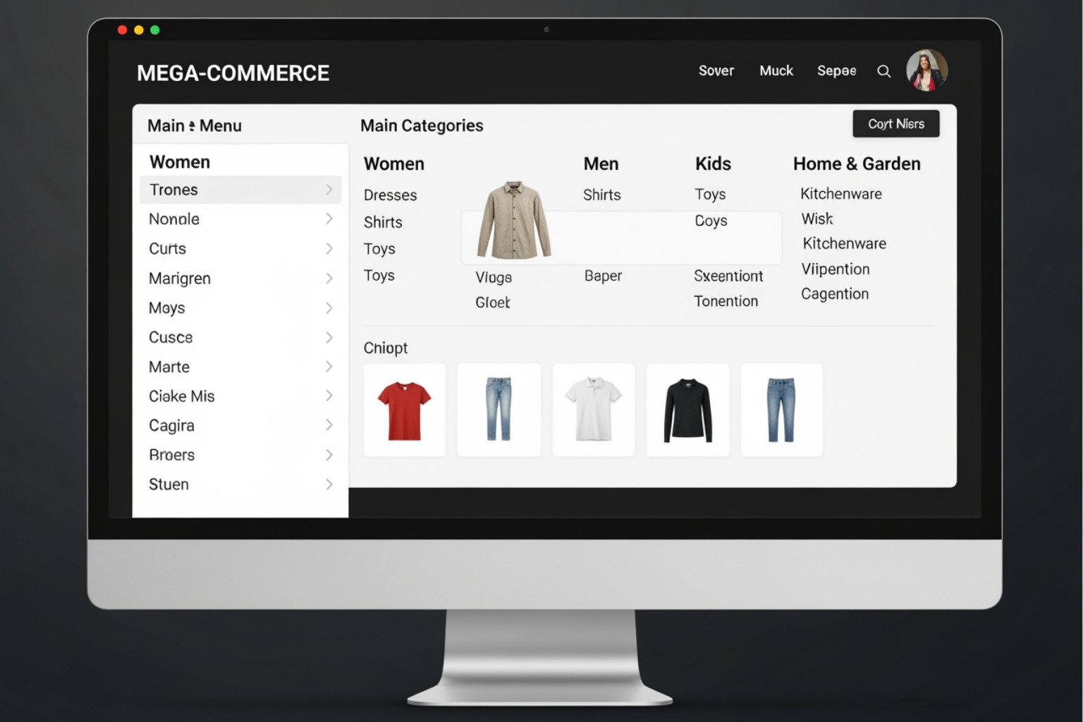 Desktop mega-menu navigation showing clear categories and subcategories for an e-commerce store - General Ecommerce UX/UI