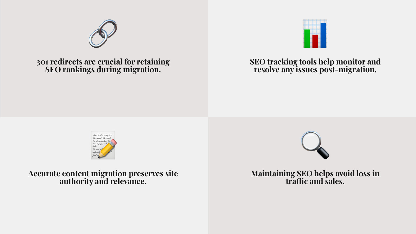Preserving your SEO rankings during migration is crucial to maintain your search engine rankings and traffic. - magento to shopify migration checklist infographic 4_facts_emoji_grey Preserving your SEO rankings during migration is crucial to maintain your search engine rankings and traffic. - magento to shopify migration checklist infographic 4_facts_emoji_grey