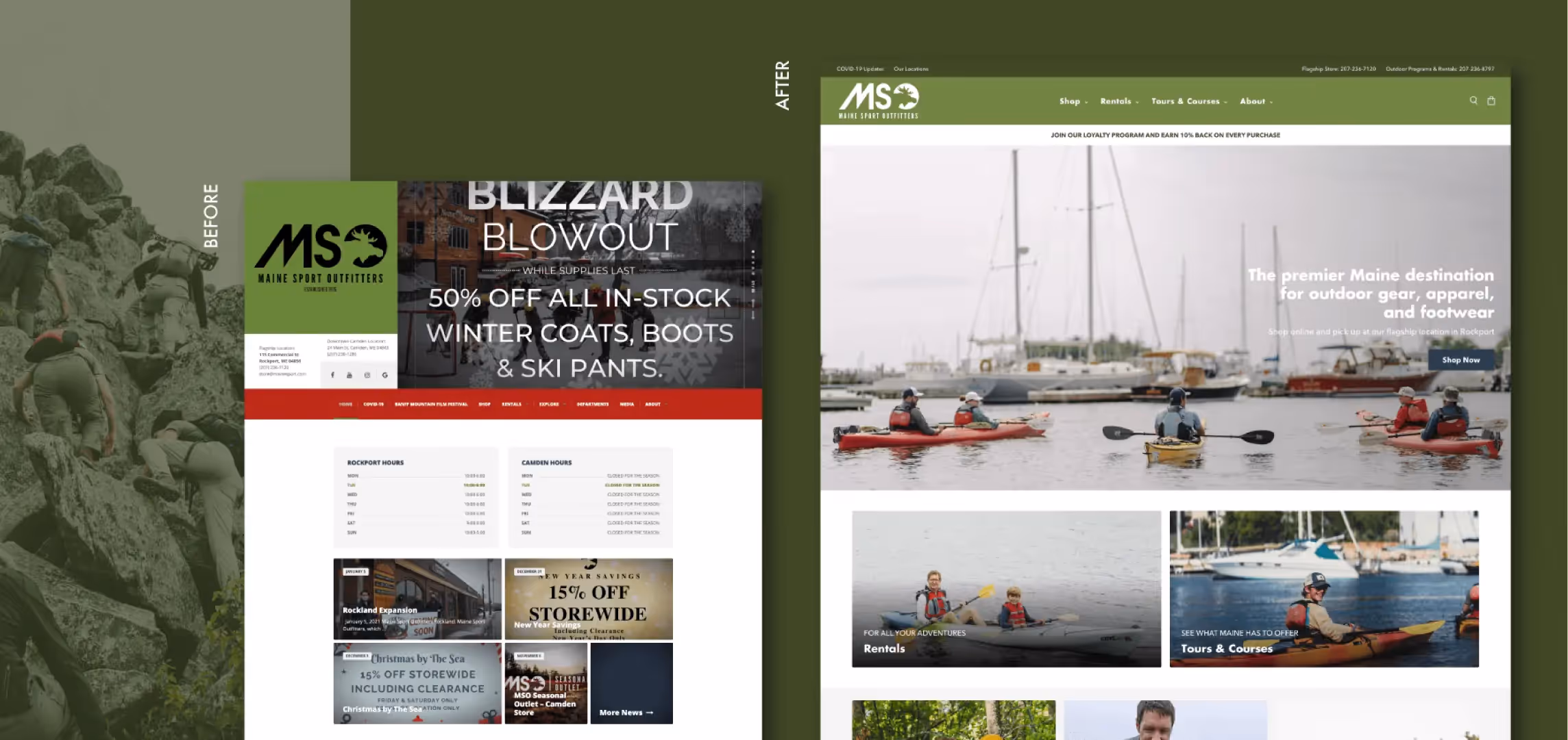 Maine Sport Outfitters website design showcasing kayaking and winter gear sales