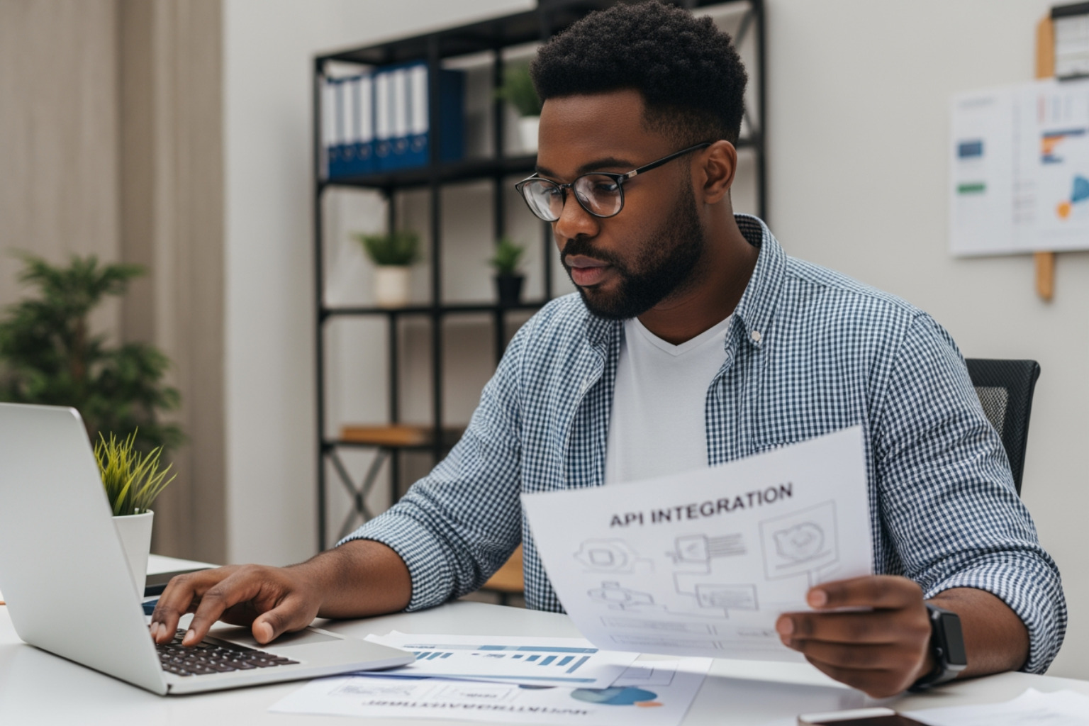 Developer reviewing API documentation for B2B integration - B2B API integration Developer reviewing API documentation for B2B integration - B2B API integration