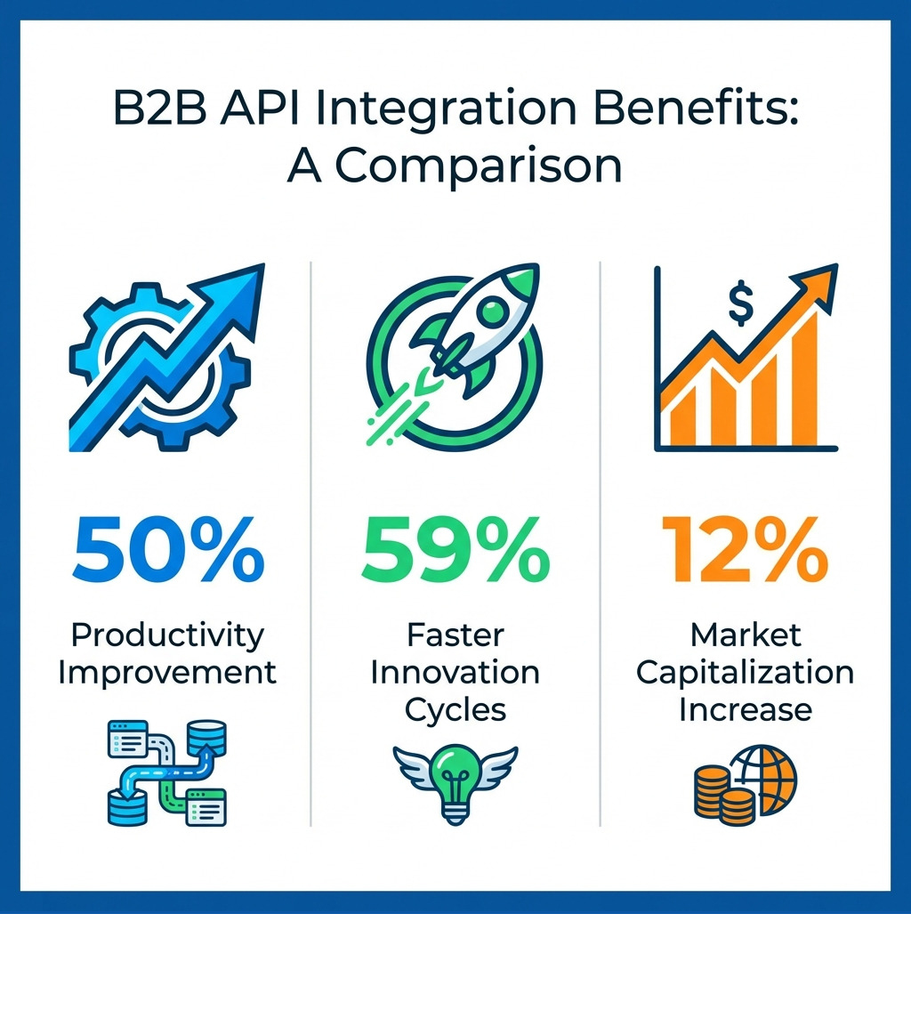 Comparison of B2B API integration benefits: 50% productivity improvement, 59% faster innovation cycles, and 12% market capitalization increase for companies using APIs - B2B API integration infographic Comparison of B2B API integration benefits: 50% productivity improvement, 59% faster innovation cycles, and 12% market capitalization increase for companies using APIs - B2B API integration infographic