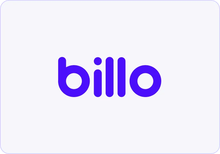 Blue "billo" logo text with circular cutouts on light gray background