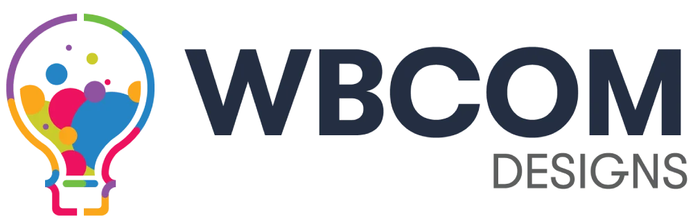 WBCOM Designs logo with colorful lightbulb icon and text