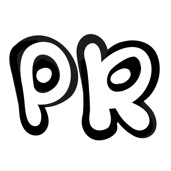 Black outlined letters P and R with playful, rounded bubble font design