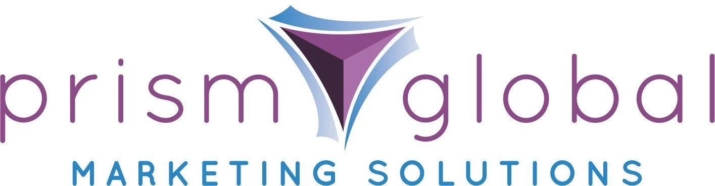 Prism Global Marketing Solutions logo with purple text and blue geometric triangle symbol