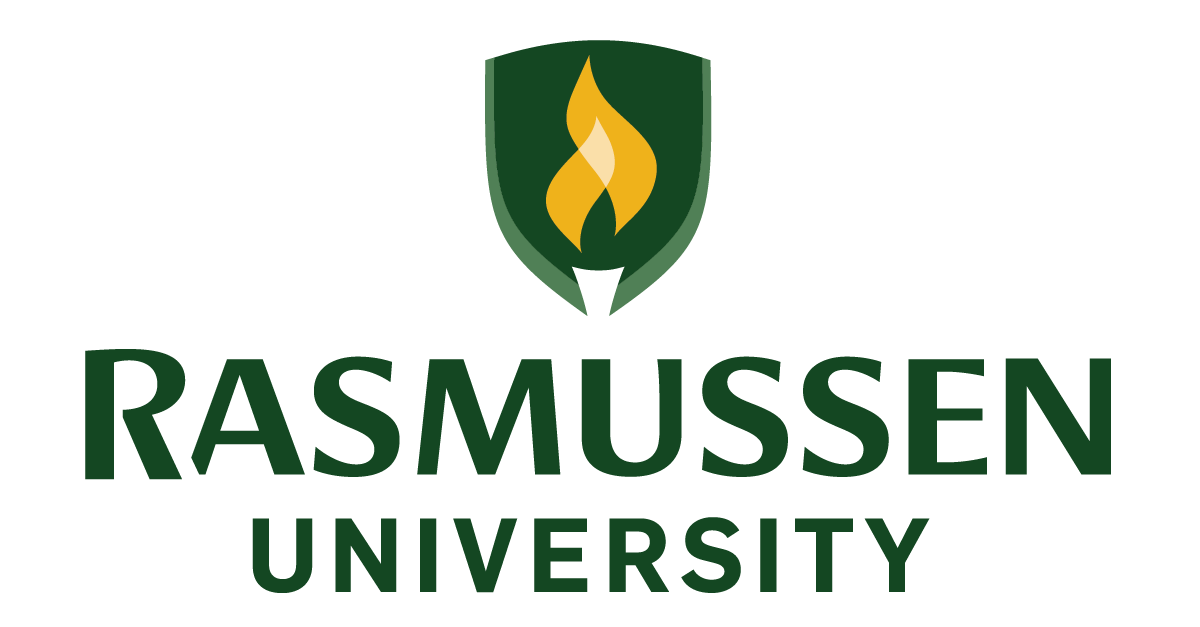 Rasmussen University logo featuring green shield with yellow flame icon