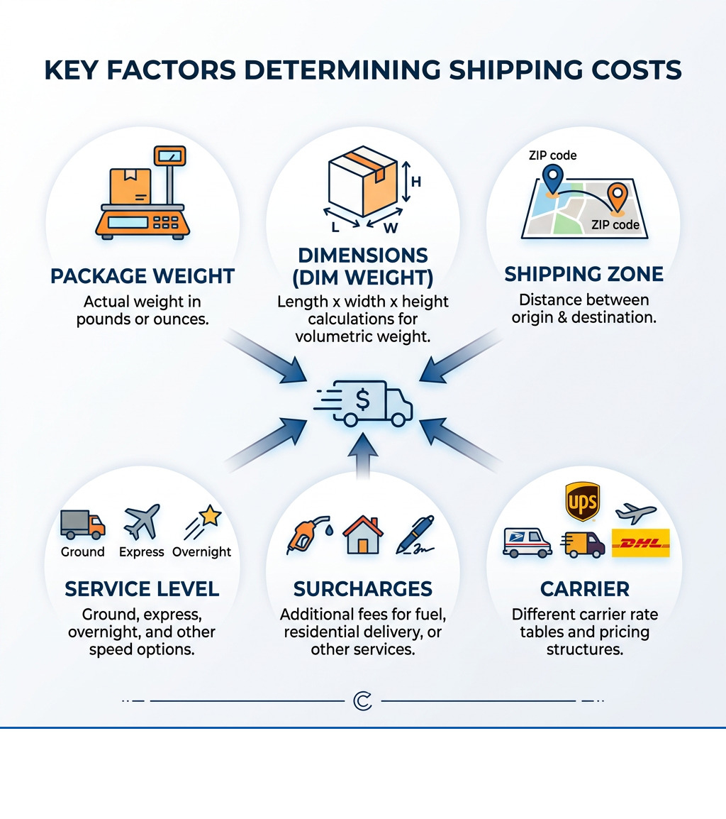 infographic showing the six key factors that determine shipping costs: weight, dimensions, zone, service level, surcharges