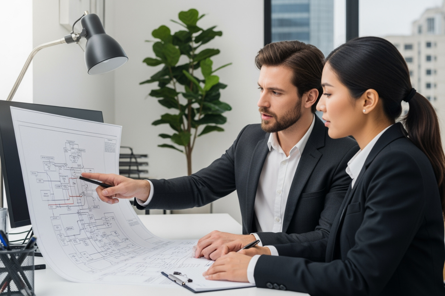 First Pier consultant reviewing a technical diagram with a client - Platform Migration Services First Pier consultant reviewing a technical diagram with a client - Platform Migration Services