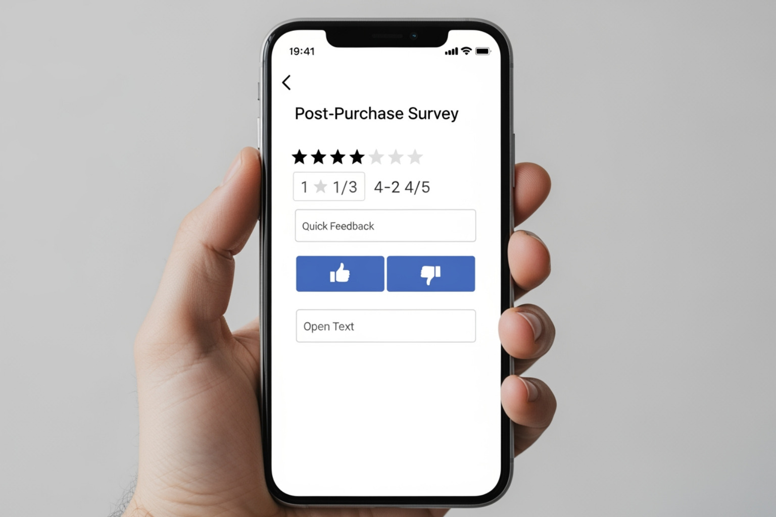 mobile-responsive post-purchase survey form on a smartphone screen - customer feedback collection