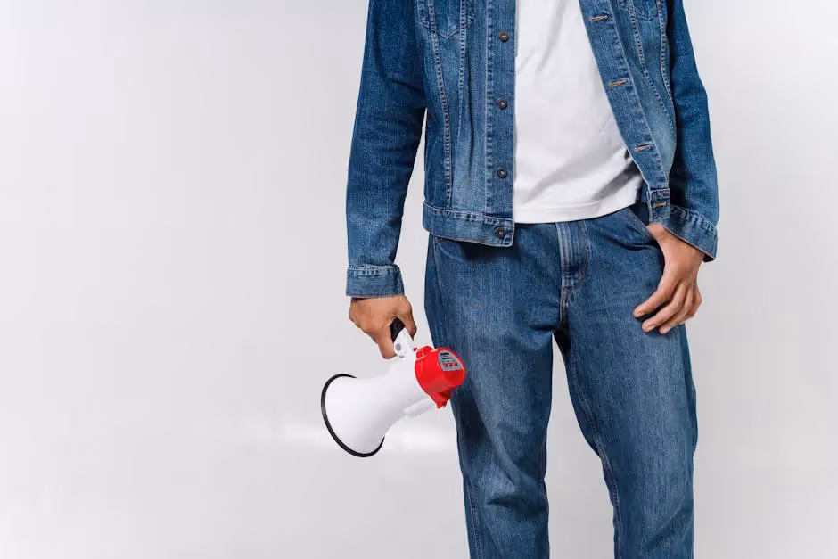 A man holding a white and red megaphone