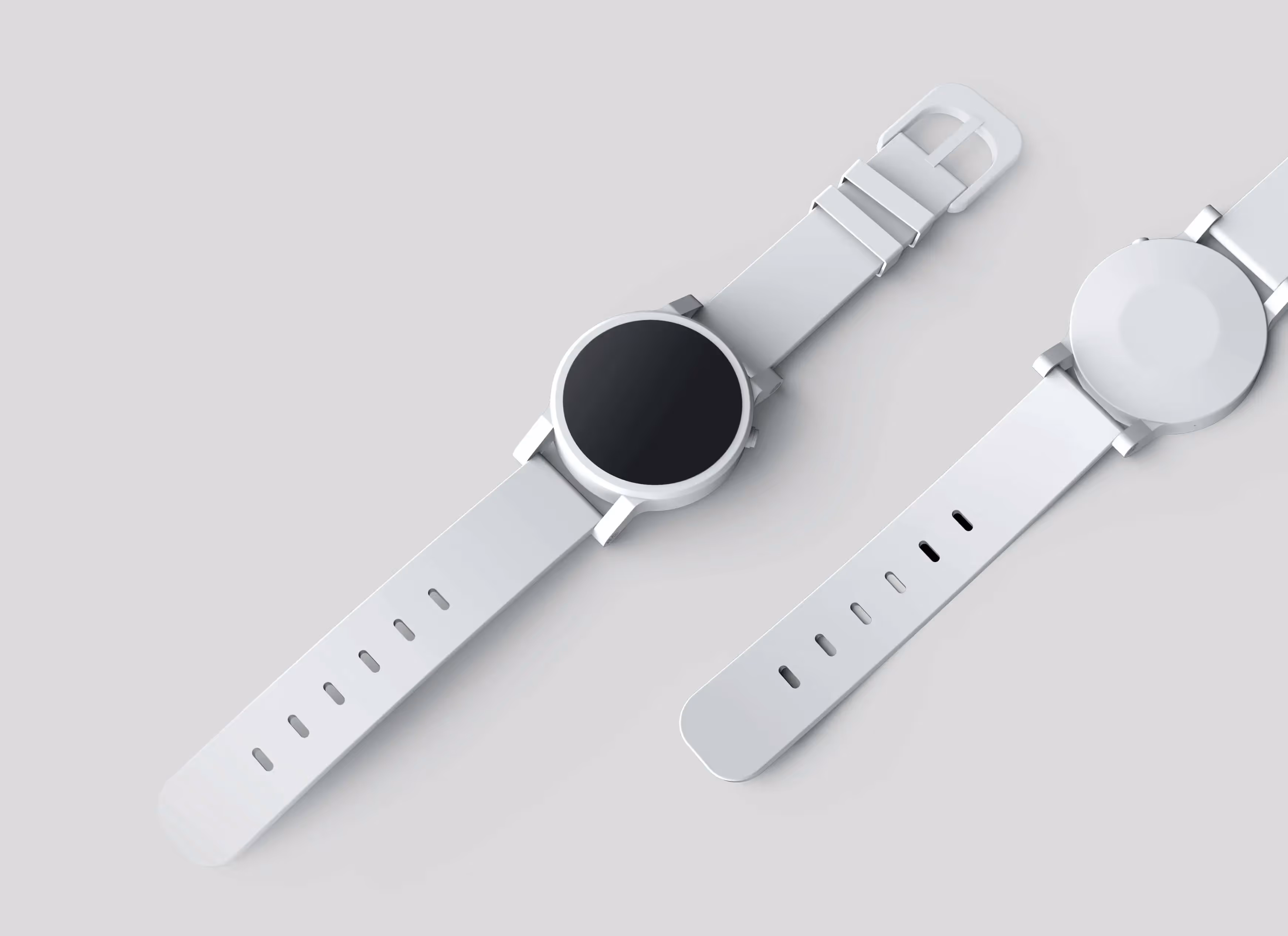 A white watch with a black face and a white strap
