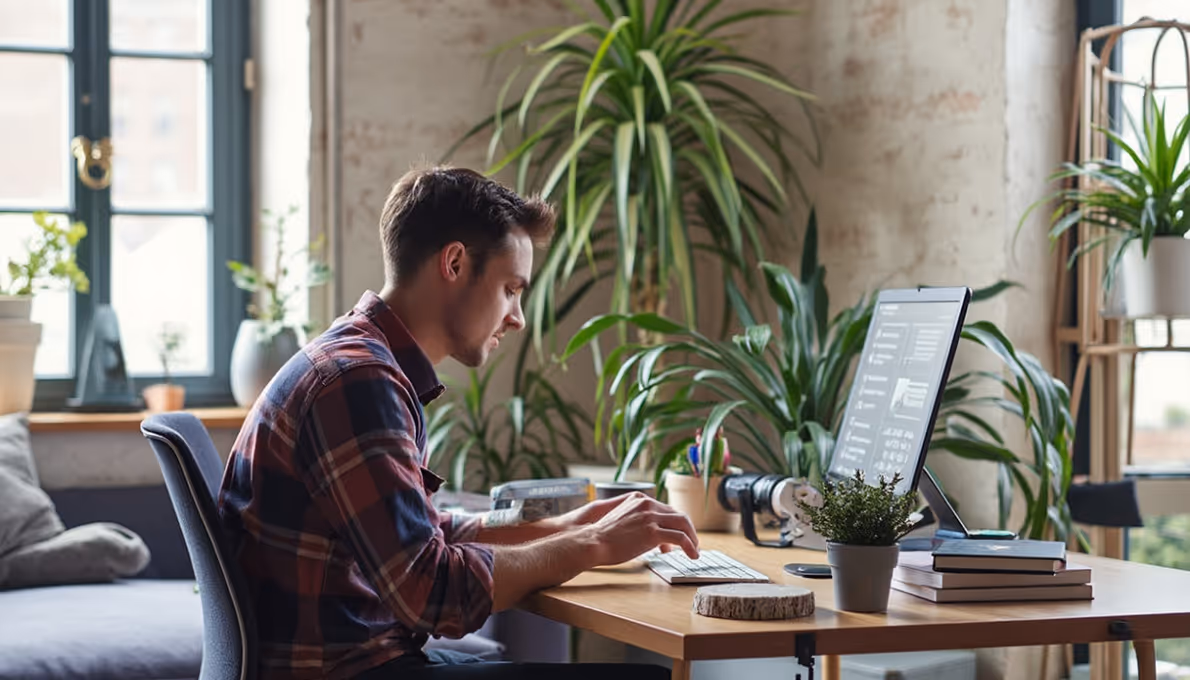 Ecommerce web developer coding on multiple monitors at modern workstation