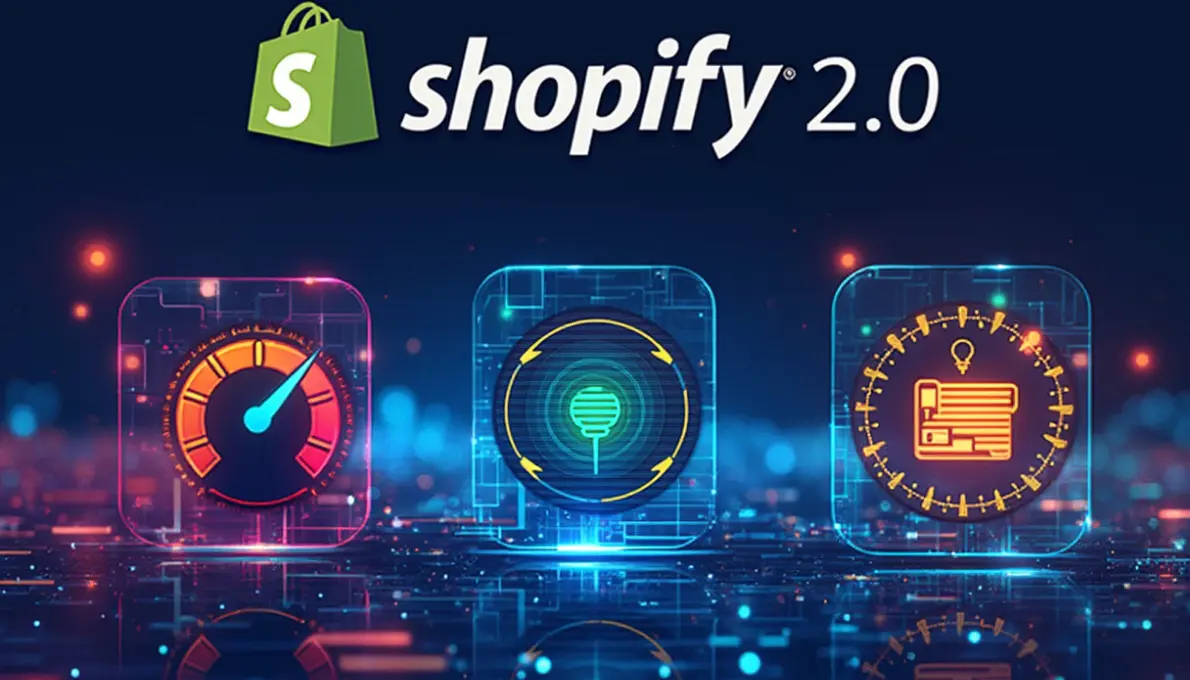 Header image showcasing Shopify 2.0 features with icons representing speed, customization, and app integration - shopify 2.0 features