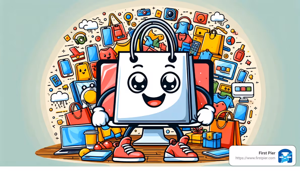 A cartoon shopping bag with a happy face