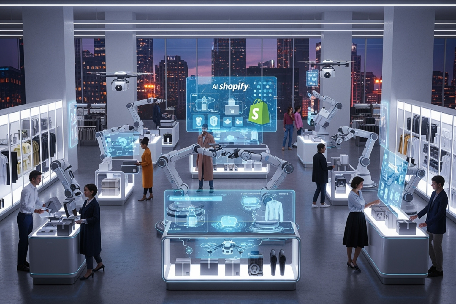 Abstract illustration showing an AI network linked to a shopping cart, symbolizing an automated Shopify store
