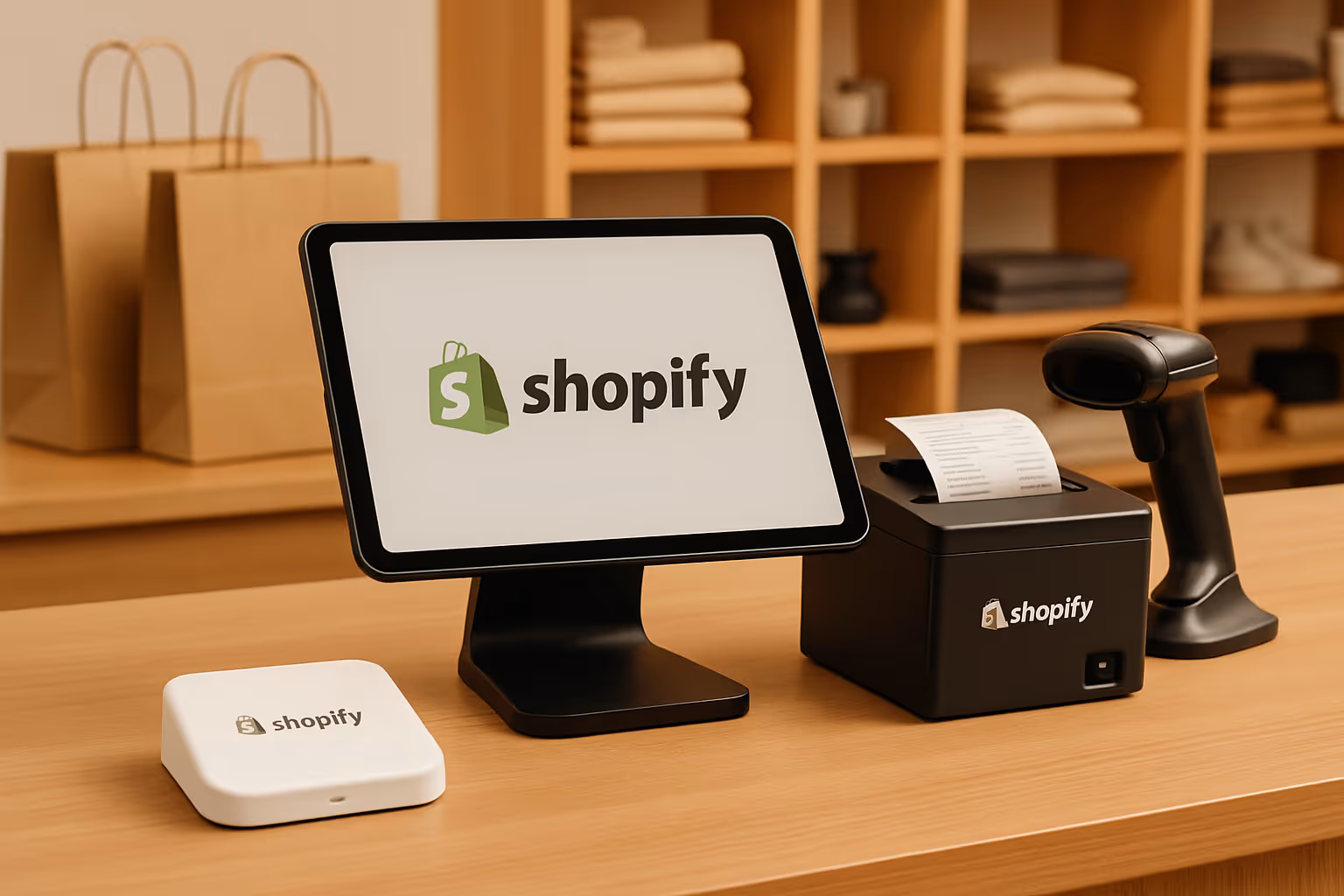 Shopify POS Terminal with card reader, receipt printer, and tablet on retail counter
