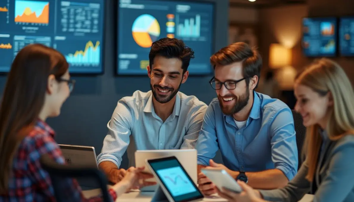 A group of people sitting around a table looking at a tablet