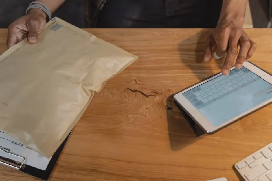 A person using a tablet on a wooden table