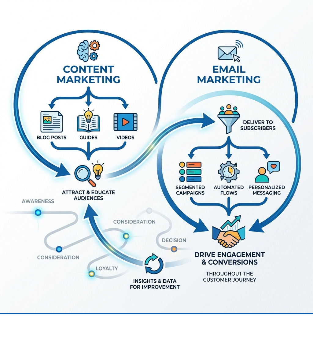 Infographic showing the relationship between content marketing and email marketing: Content marketing creates valuable resources (blog posts, guides, videos) that attract and educate audiences, while email marketing delivers that content to subscribers through segmented campaigns, automated flows, and personalized messaging, driving engagement and conversions throughout the customer journey - Content & Email Marketing infographic 