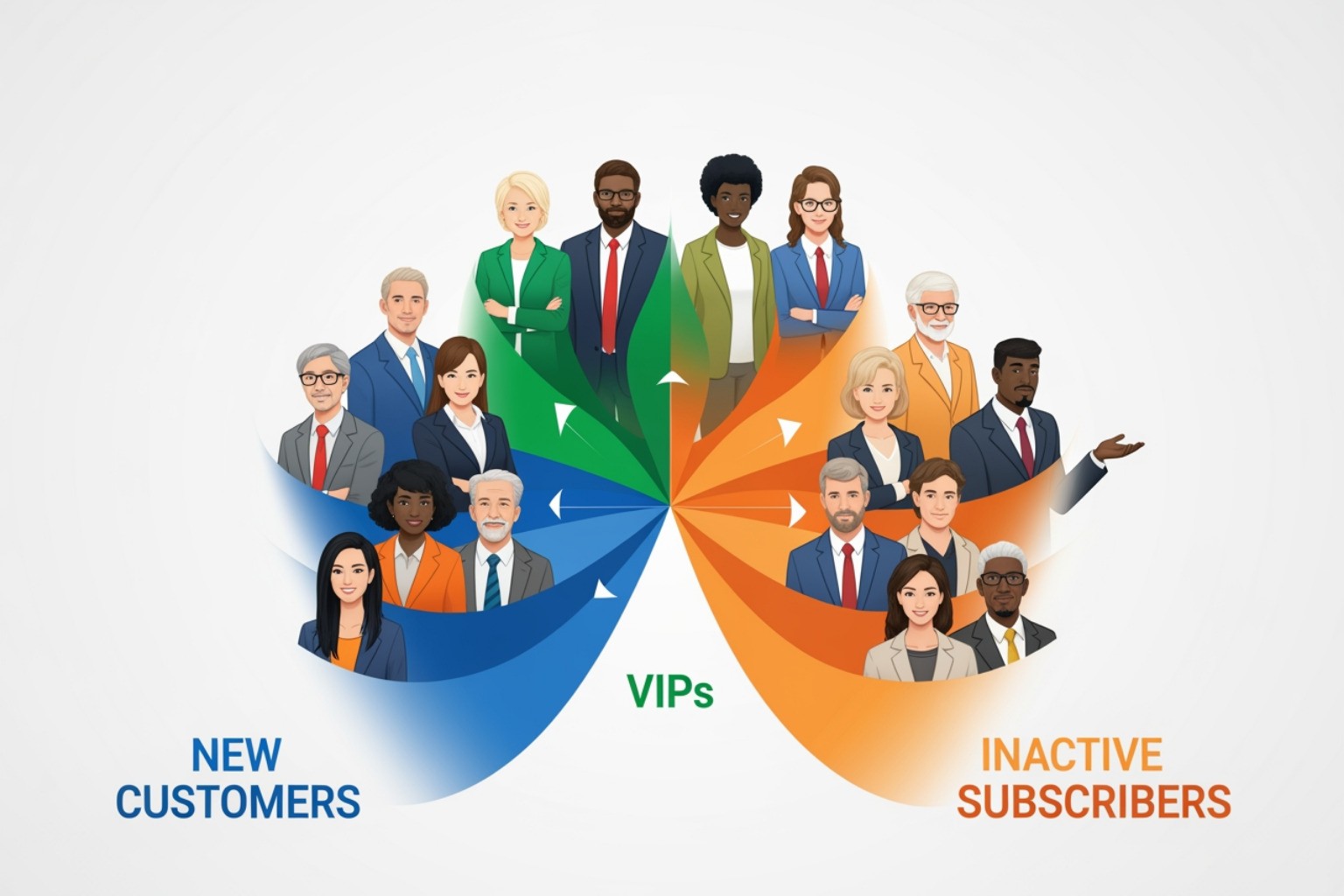 Image illustrating different audience segments, such as new customers, VIPs, and inactive subscribers, as separate, color-coded groups - Content & Email Marketing