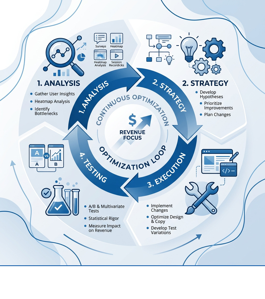 infographic showing the CRO cycle of analysis, strategy, execution, and testing - Conversion rate optimization agency infographic showing the CRO cycle of analysis, strategy, execution, and testing - Conversion rate optimization agency