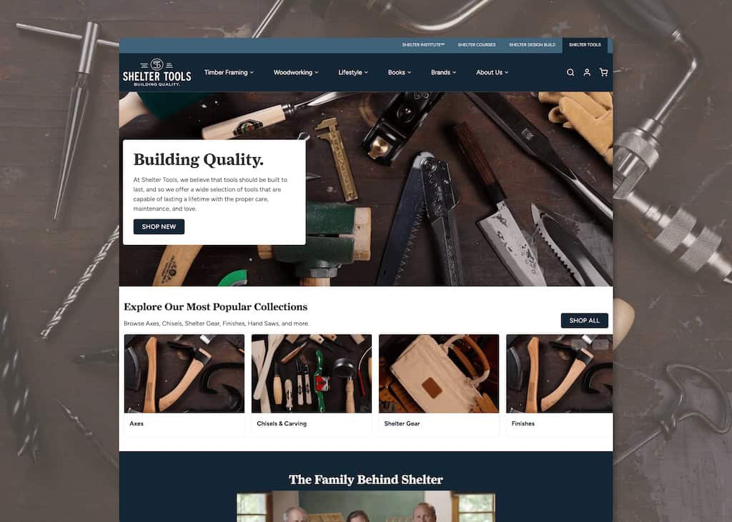 Shelter Tools ecommerce store redesign showing improved product navigation and catalog optimization
