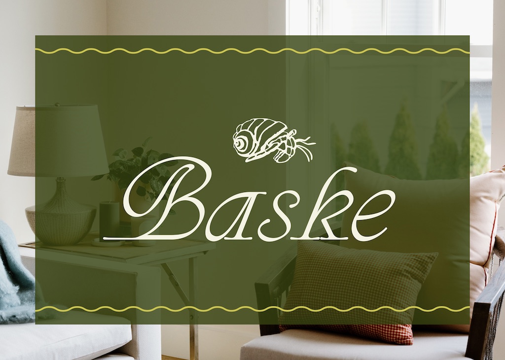 Baske home goods brand identity showing hermit crab logo, wordmark, and coastal color palette