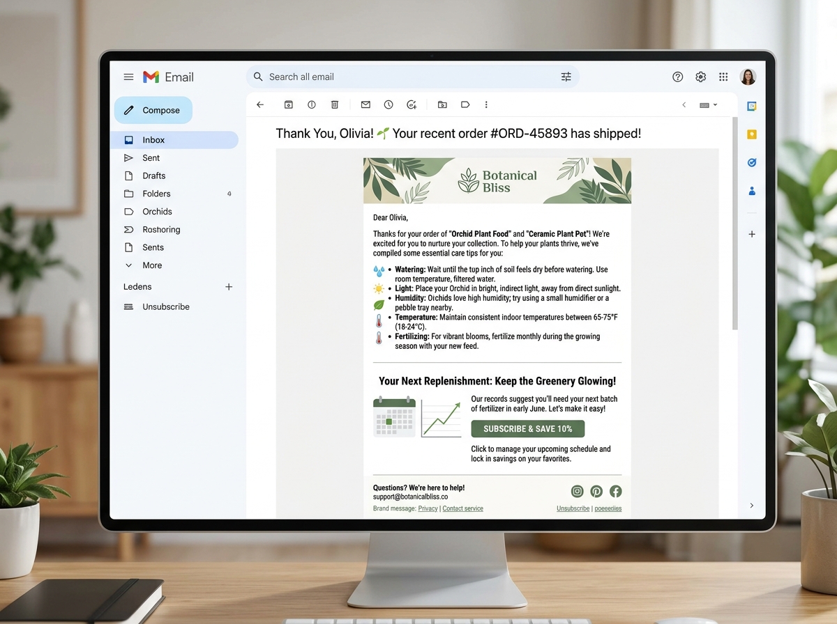 Personalized post-purchase email flow showing a thank you message, product care tips, and a replenishment reminder - Shopify