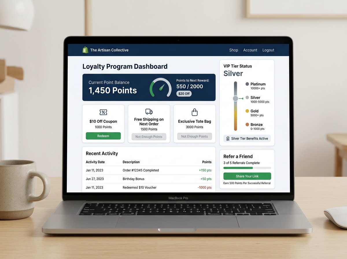 Loyalty program dashboard showing points, rewards, and VIP tier progress - Shopify Customer Retention