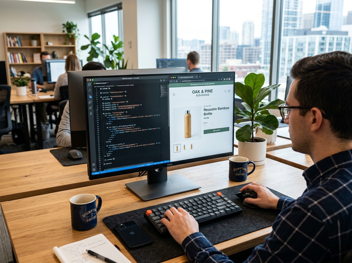A professional workspace featuring a computer screen displaying Shopify theme code and a clean, modern e-commerce interface