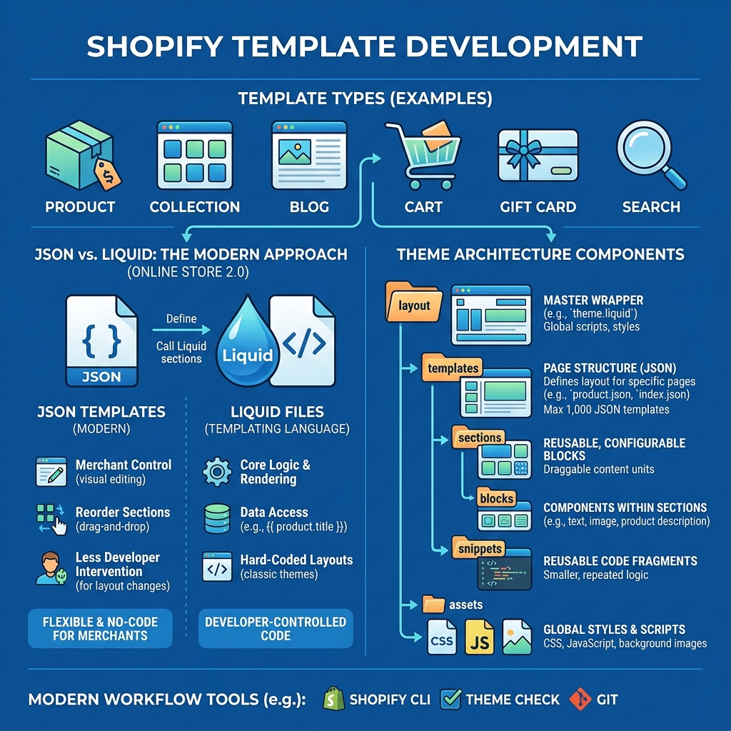 Shopify template development infographic showing template types, JSON vs Liquid, and theme architecture components - Shopify