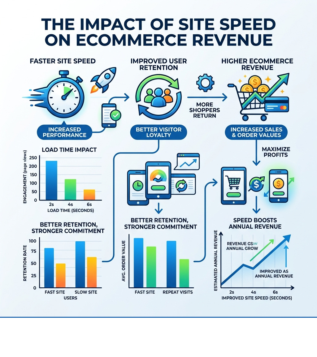 infographic showing relationship between site speed, user retention, and ecommerce revenue - General Ecommerce UI/UX & infographic showing relationship between site speed, user retention, and ecommerce revenue - General Ecommerce UI/UX &