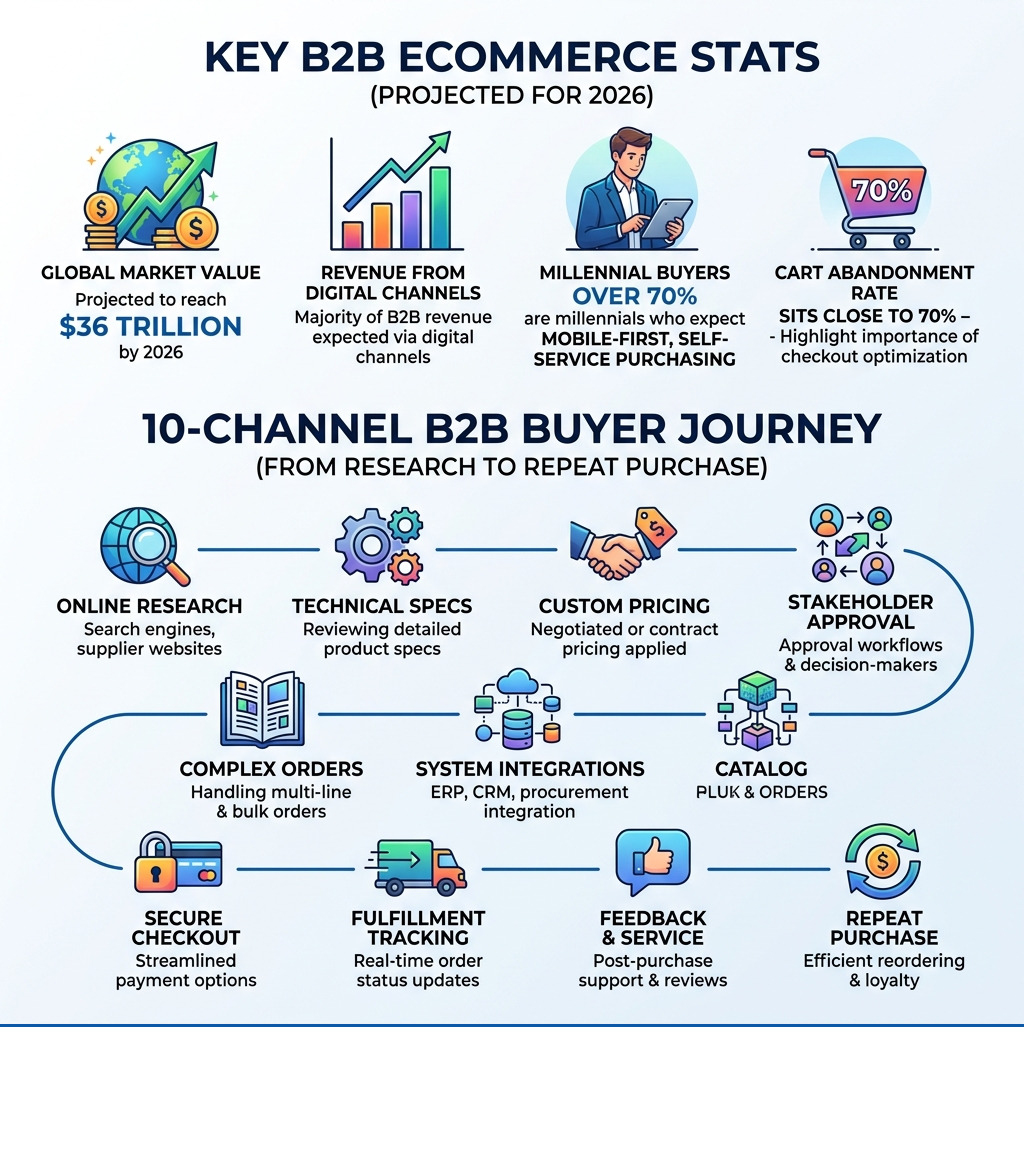 Infographic showing key B2B ecommerce stats and the 10-channel buyer journey from research to repeat purchase - B2B Infographic showing key B2B ecommerce stats and the 10-channel buyer journey from research to repeat purchase - B2B