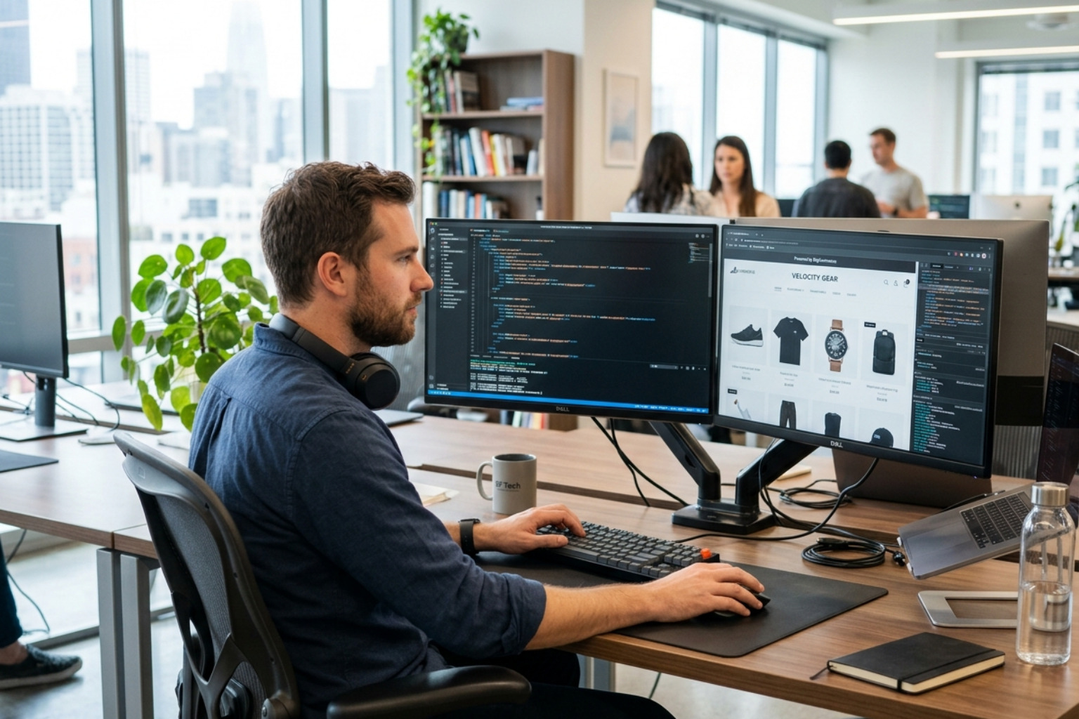 A high-quality header image showing a professional web developer working on a modern e-commerce interface with BigCommerce