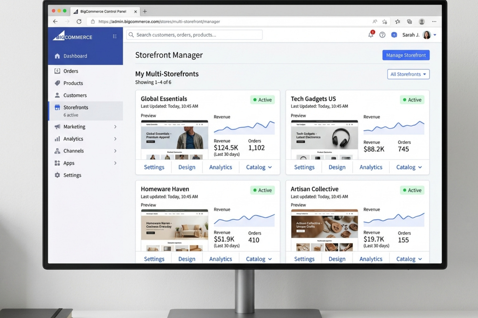 A screenshot of the BigCommerce multi-storefront dashboard showing multiple storefronts managed in one place - BigCommerce A screenshot of the BigCommerce multi-storefront dashboard showing multiple storefronts managed in one place - BigCommerce