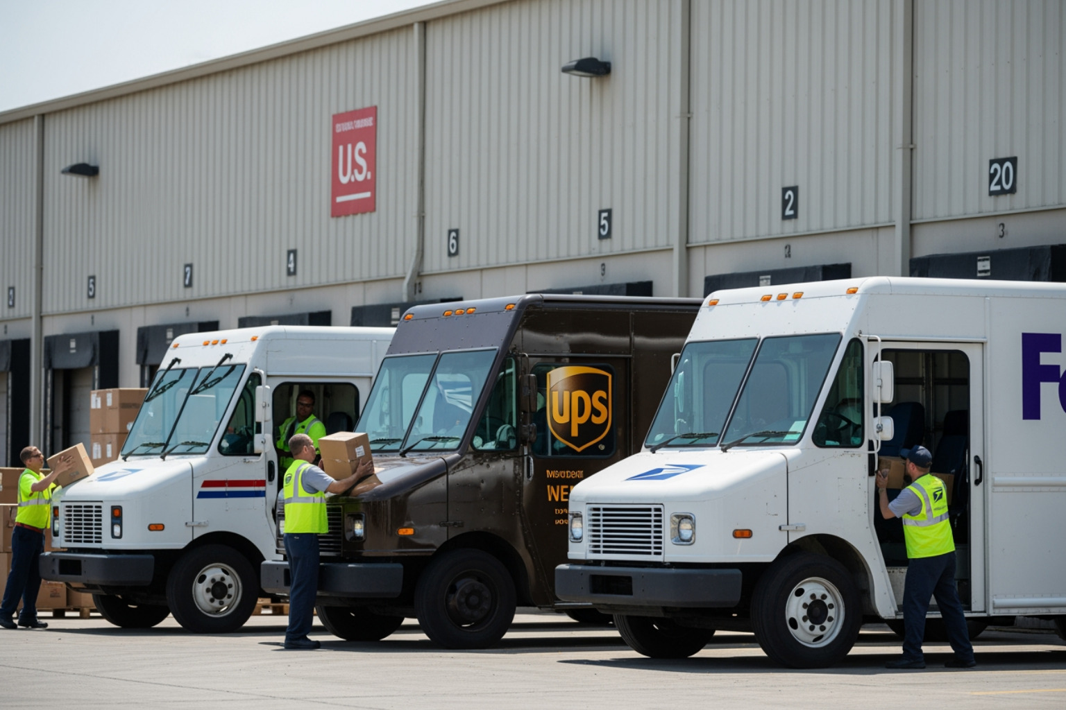 carrier trucks from USPS, UPS, and FedEx parked at a loading dock for parcel pickup - Calculate shipping costs carrier trucks from USPS, UPS, and FedEx parked at a loading dock for parcel pickup - Calculate shipping costs