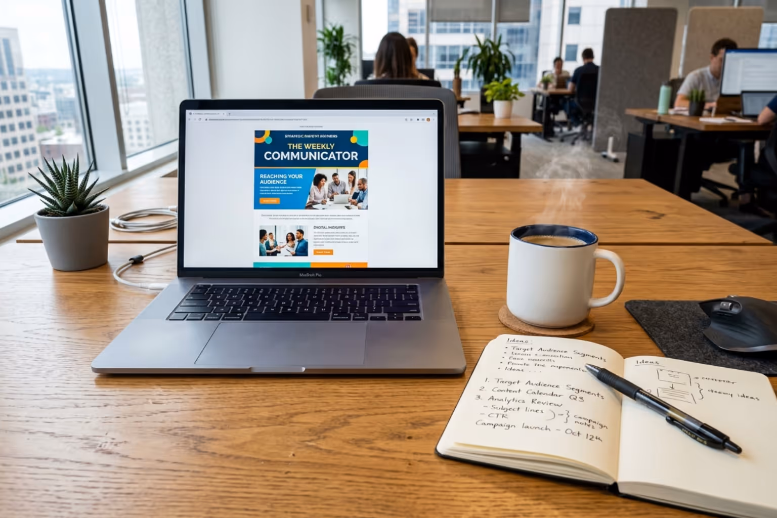 A professional workspace featuring a laptop displaying a vibrant email newsletter, a cup of coffee, and a notebook on a