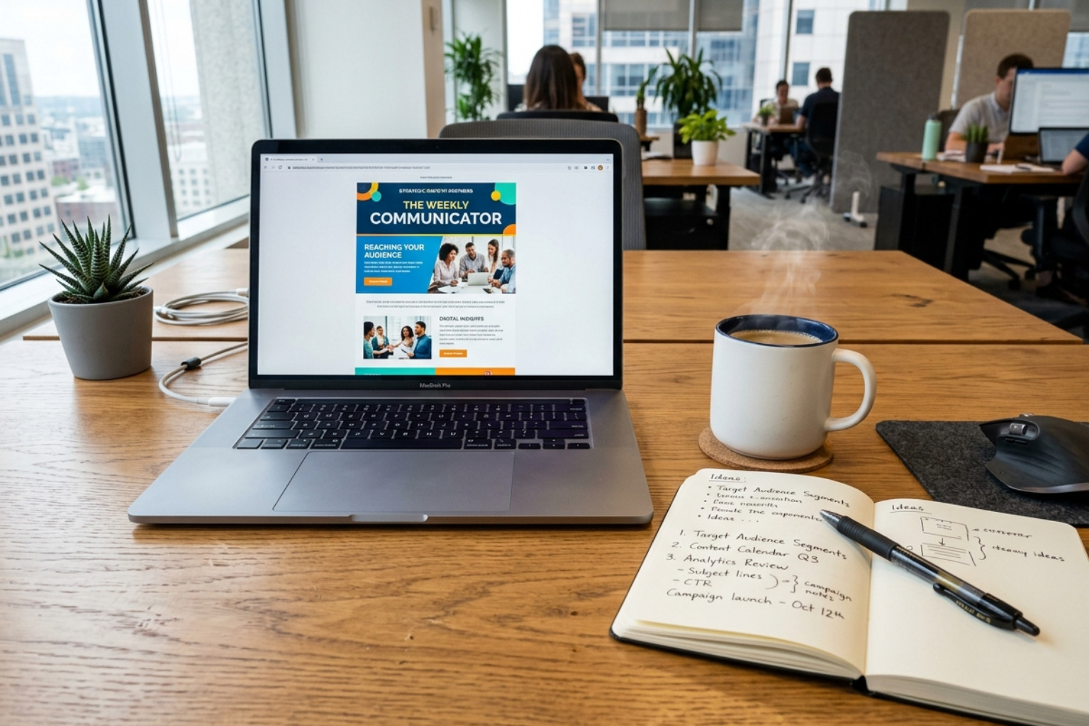 A professional workspace featuring a laptop displaying a vibrant email newsletter, a cup of coffee, and a notebook on a