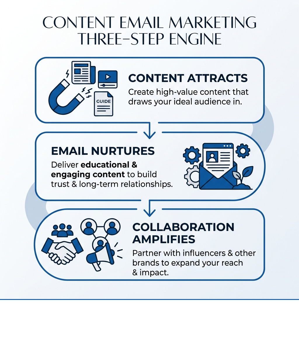 Content email marketing three-step engine: Content Attracts, Email Nurtures, Collaboration Amplifies - content email Content email marketing three-step engine: Content Attracts, Email Nurtures, Collaboration Amplifies - content email