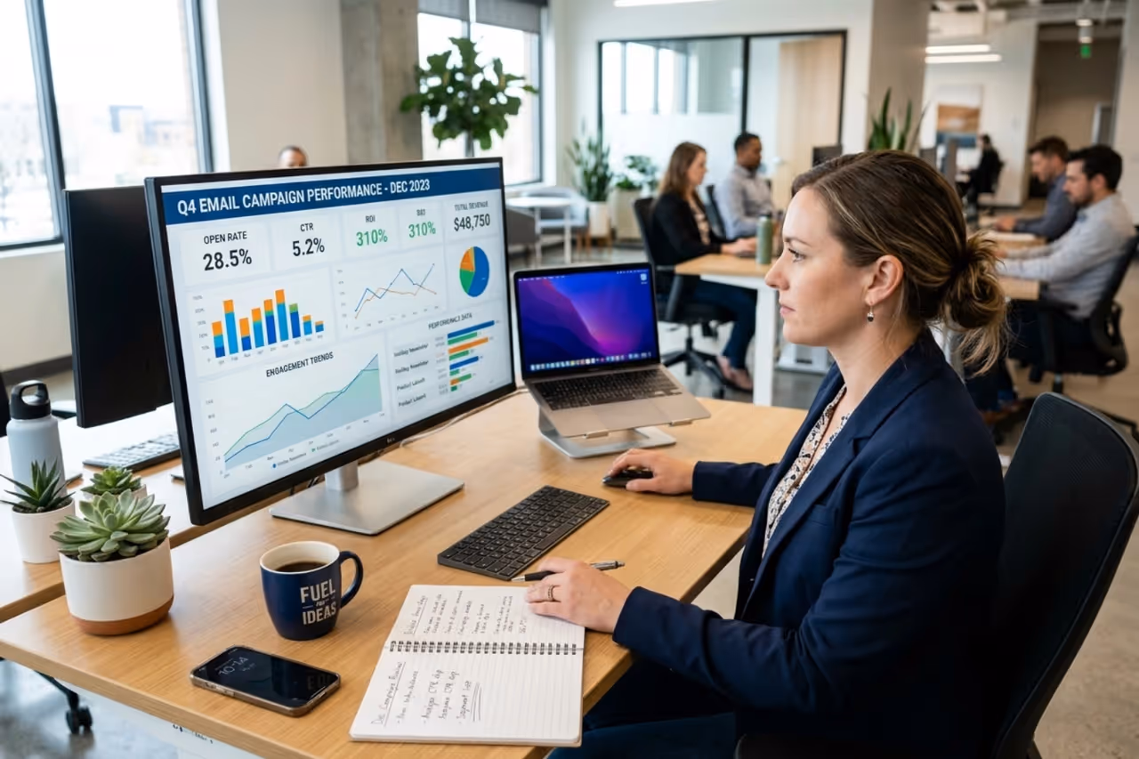 A professional marketer analyzing email campaign performance data on a clean, modern workspace - reduce unsubscribe rate