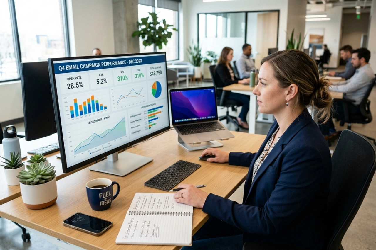 A professional marketer analyzing email campaign performance data on a clean, modern workspace - reduce unsubscribe rate
