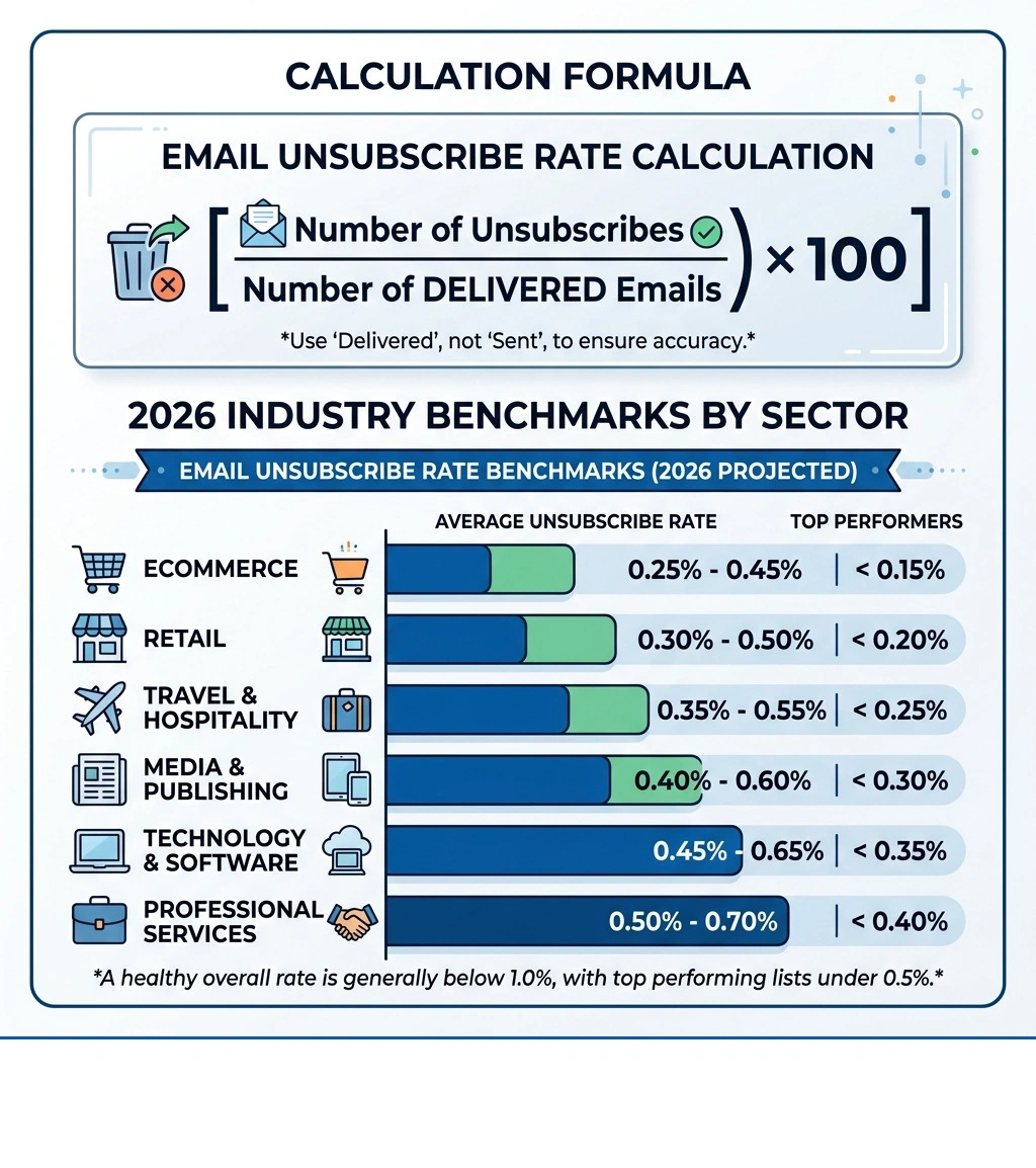 Email unsubscribe rate calculation formula and 2026 industry benchmarks by sector - reduce unsubscribe rate infographic Email unsubscribe rate calculation formula and 2026 industry benchmarks by sector - reduce unsubscribe rate infographic