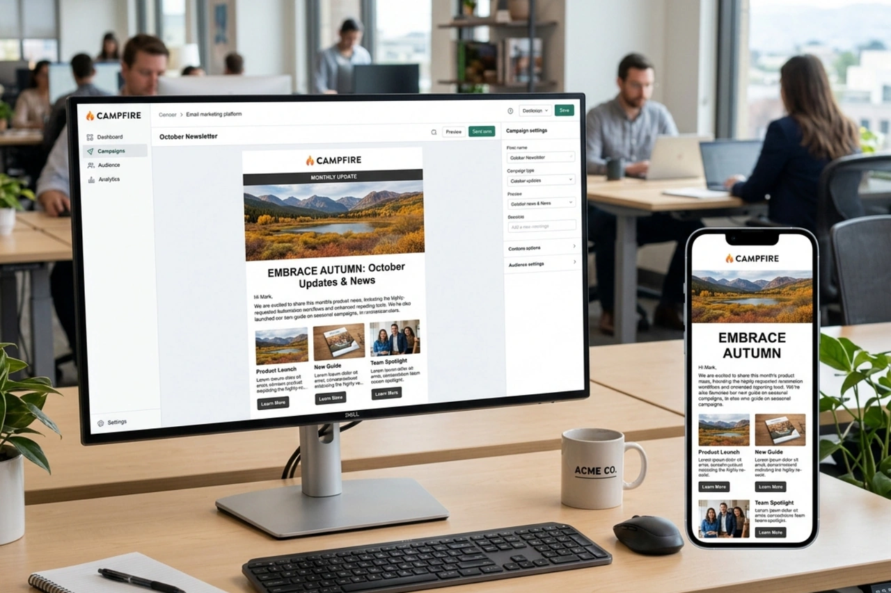 An email campaign shown side-by-side on a desktop monitor and a smartphone to demonstrate responsive design - reduce An email campaign shown side-by-side on a desktop monitor and a smartphone to demonstrate responsive design - reduce