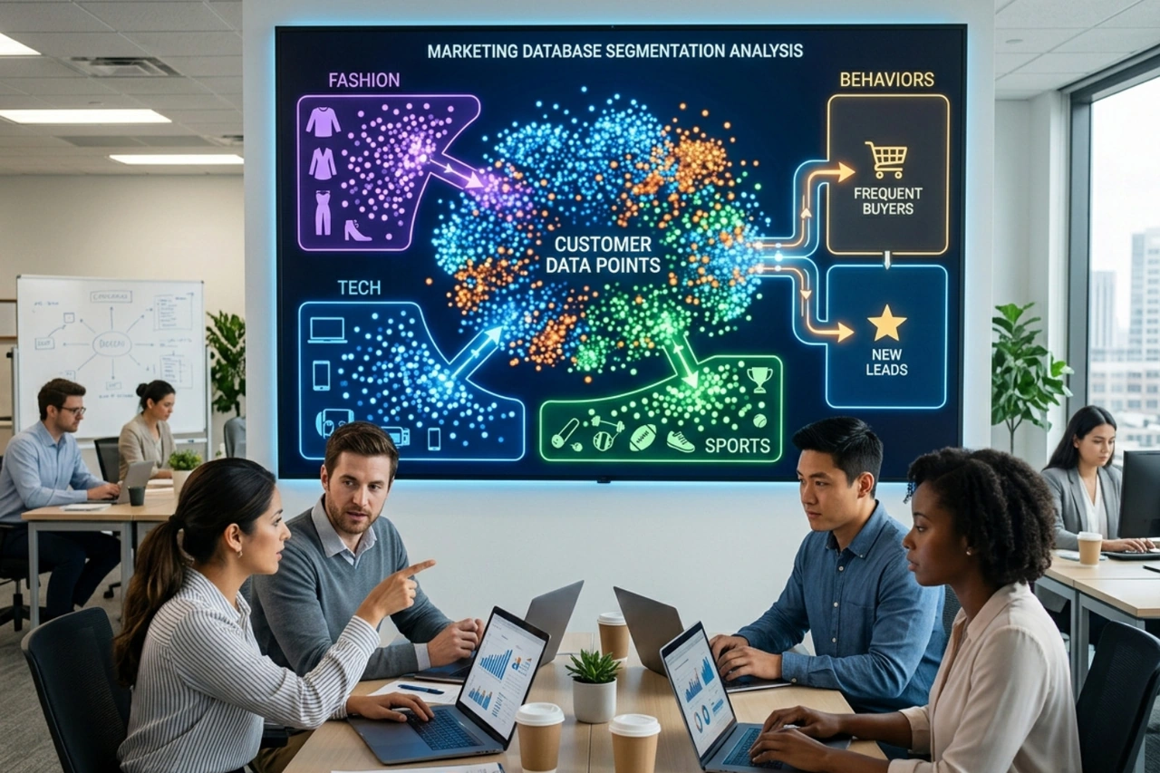 A visual representation of a marketing database being divided into specific customer segments based on interests and