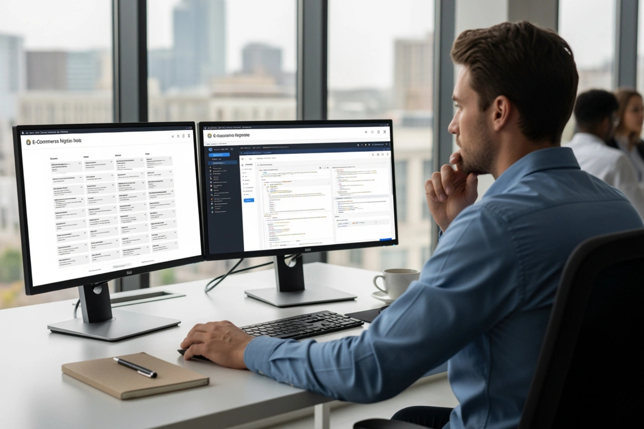 A developer comparing different e-commerce migration tools on a dual-monitor setup A developer comparing different e-commerce migration tools on a dual-monitor setup