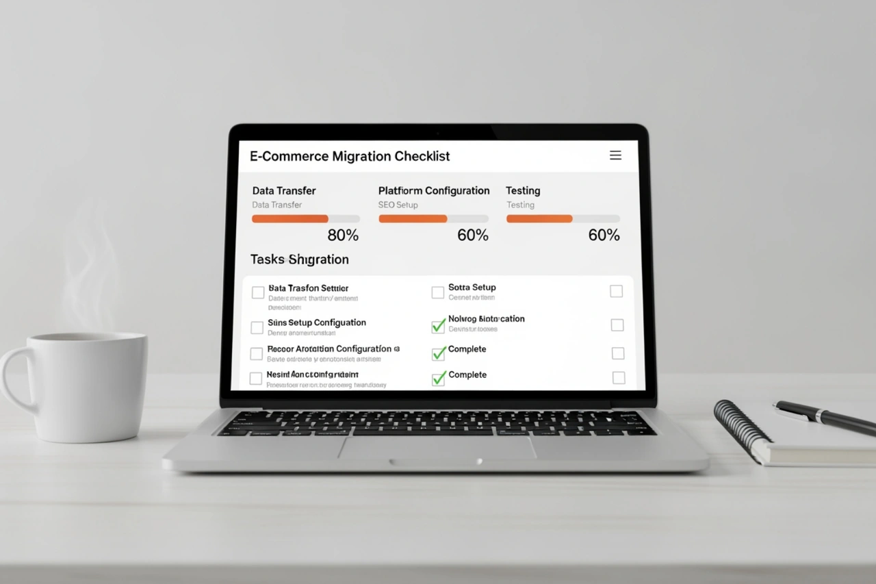 A detailed e-commerce migration checklist showing progress bars for data transfer and SEO setup A detailed e-commerce migration checklist showing progress bars for data transfer and SEO setup