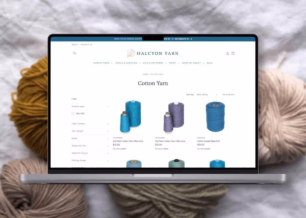 Halcyon Yarn Shopify storefront shown on desktop after the platform migration