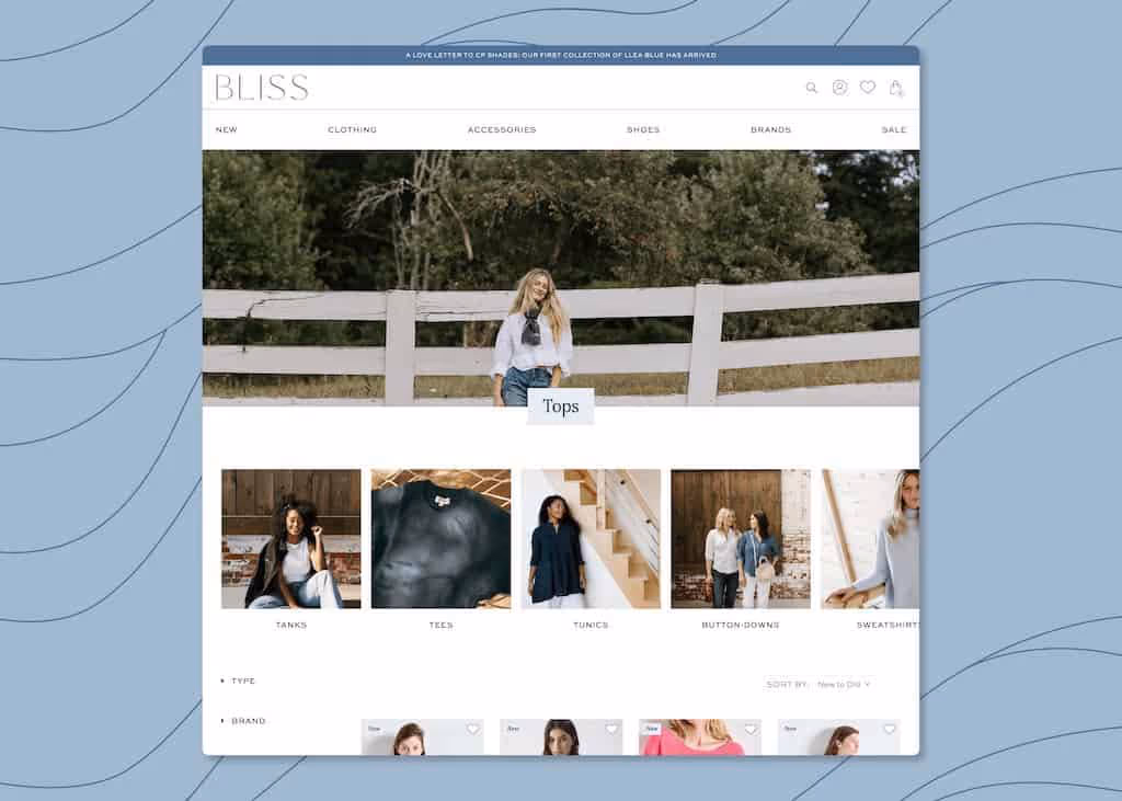 Bliss boutique premium women's clothing shown on the redesigned Shopify storefront