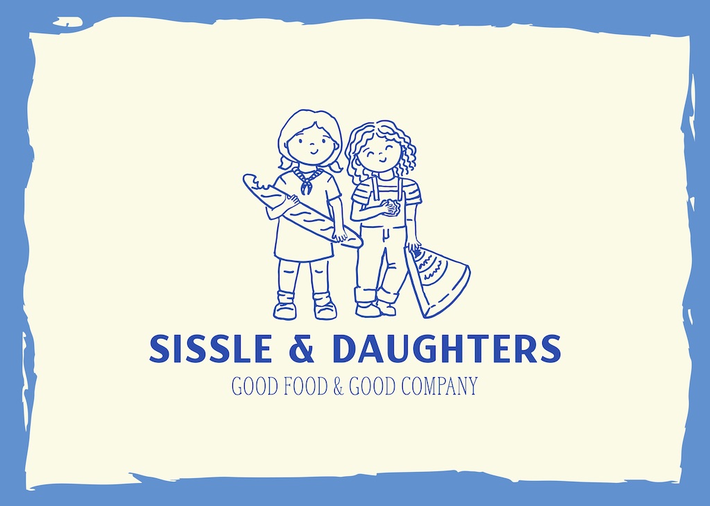 Sissle & Daughters cheesemonger brand identity with hand-drawn illustration and blue-and-yellow palette